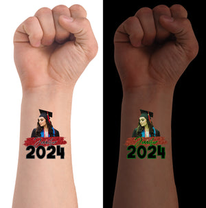 Graduation 2024, Custom Luminous Tattoo With Personalized Quote Color, Photo And Name, Fake Tattoo, Graduation Gift, Night Lighting Tattoo