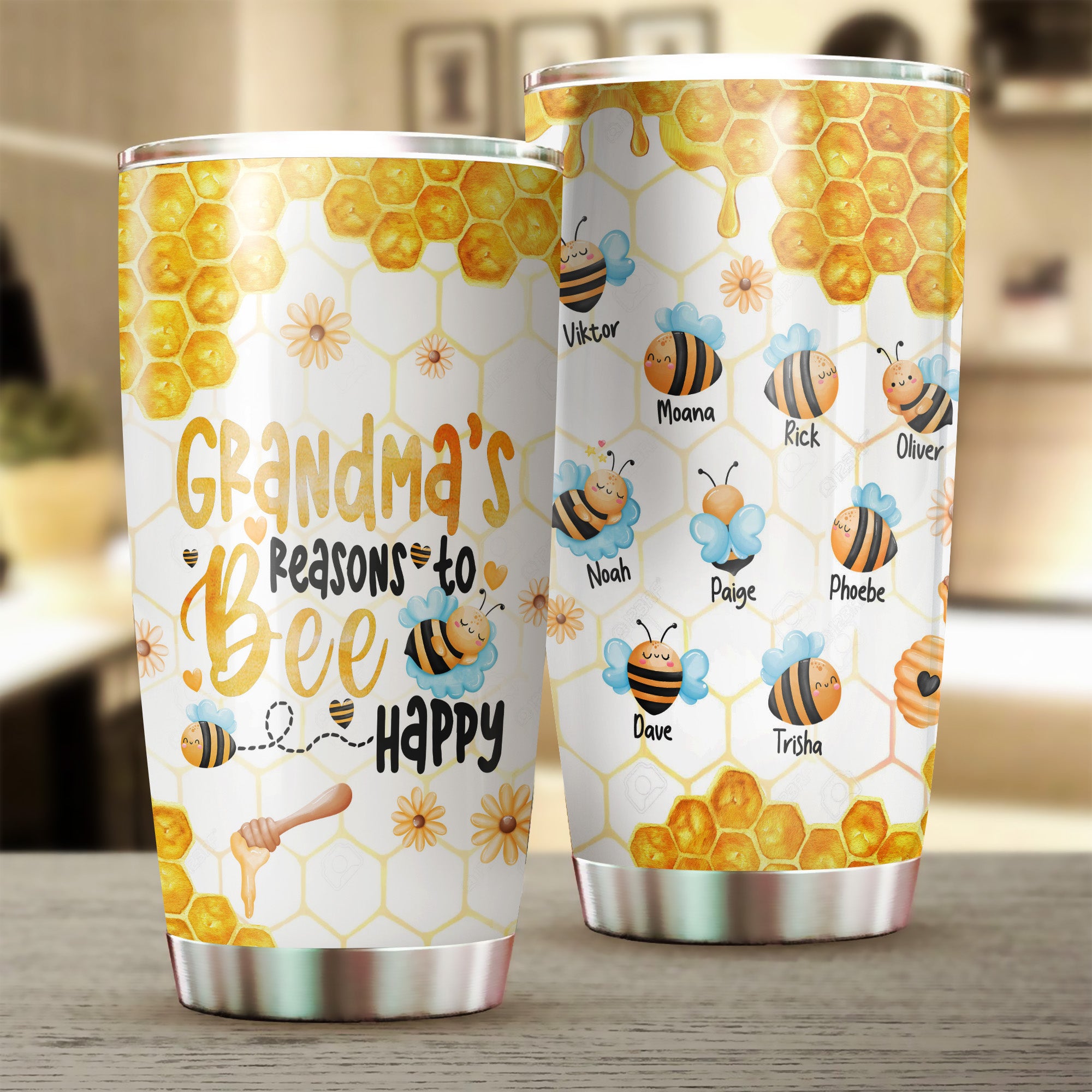 Grandma Reason To Bee Happy, Grandma & Grandkids, Personalized Tumbler, Gift For Family