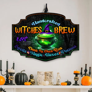 Handcrafted Witches Brew Drink At Own Risk - Custom Family Name And Year - Personalized Wooden Door Sign - Halloween Gift